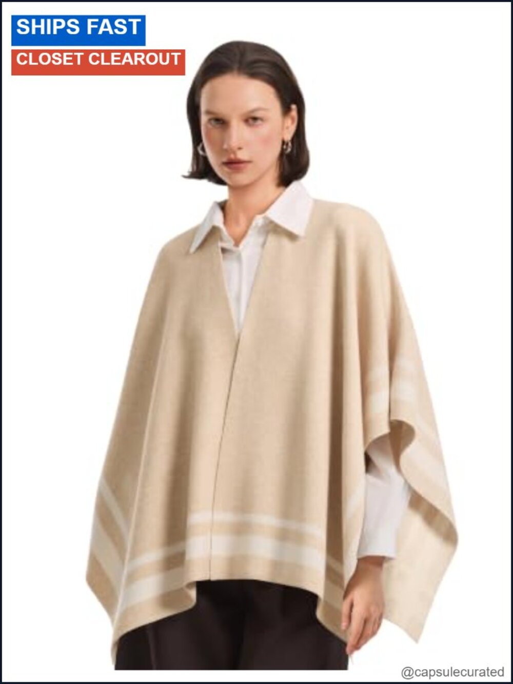 Womens Open Front Poncho Shawl Wrap Stripe Knit Cape Oversized